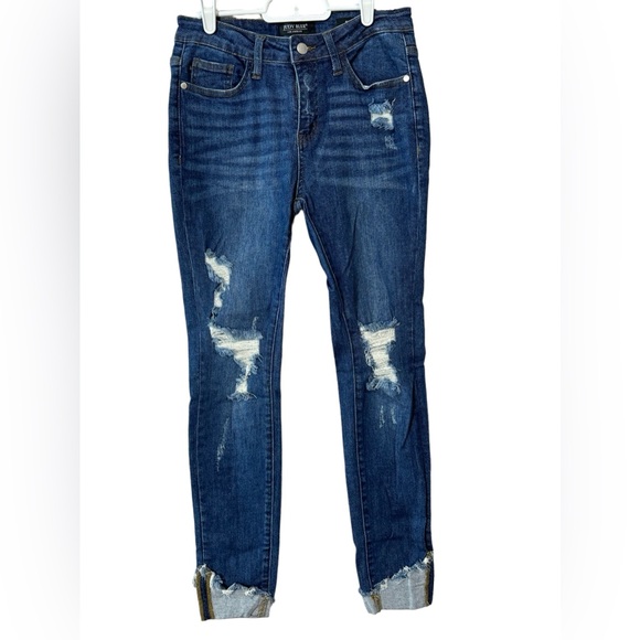 Judy Blue Denim - Judy Blue Jeans 5/26 Mid-Rise Skinny Asymmetrical Cuff Distressed Dark Wash